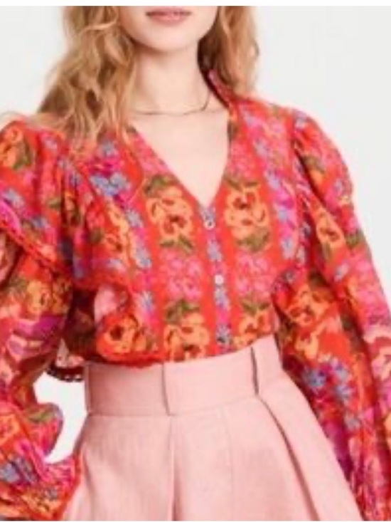 FARM Rio Tops - FARM Rio Red Floral Puff-Sleeve V-Neck Blouse